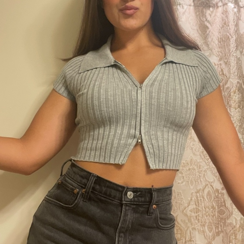 Gray Ribbed Knit Zipper Crop Top